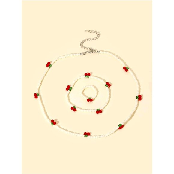 IVORY OFF WHITE 3 PIECE BEAD CHERRY DECOR RING NECKLACE & BRACELET JEWELRY SET - Picture 2 of 4